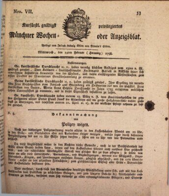 Kurfürstlich gnädigst privilegirte Münchner-Zeitung (Süddeutsche Presse) Mittwoch 14. Februar 1798