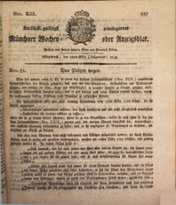 Kurfürstlich gnädigst privilegirte Münchner-Zeitung (Süddeutsche Presse) Mittwoch 28. März 1798