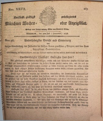 Kurfürstlich gnädigst privilegirte Münchner-Zeitung (Süddeutsche Presse) Mittwoch 4. Juli 1798