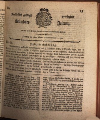 Kurfürstlich gnädigst privilegirte Münchner-Zeitung (Süddeutsche Presse) Freitag 4. Januar 1799