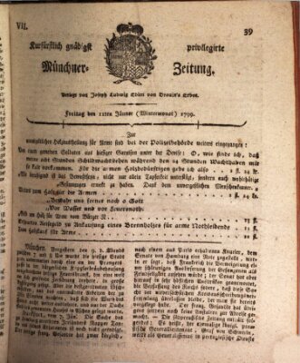 Kurfürstlich gnädigst privilegirte Münchner-Zeitung (Süddeutsche Presse) Freitag 11. Januar 1799