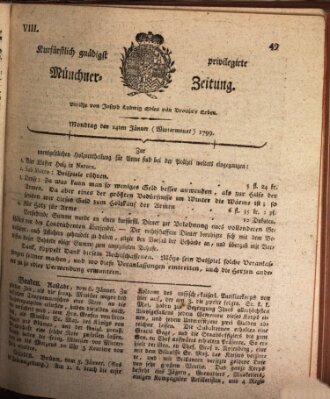 Kurfürstlich gnädigst privilegirte Münchner-Zeitung (Süddeutsche Presse) Montag 14. Januar 1799