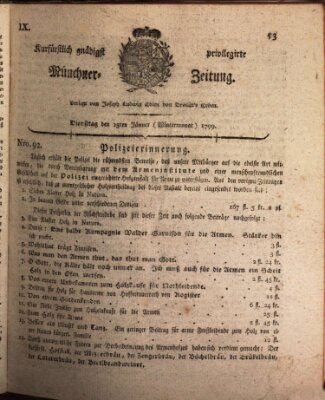 Kurfürstlich gnädigst privilegirte Münchner-Zeitung (Süddeutsche Presse) Dienstag 15. Januar 1799