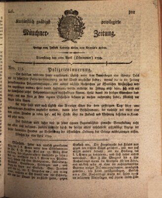 Kurfürstlich gnädigst privilegirte Münchner-Zeitung (Süddeutsche Presse) Dienstag 2. April 1799
