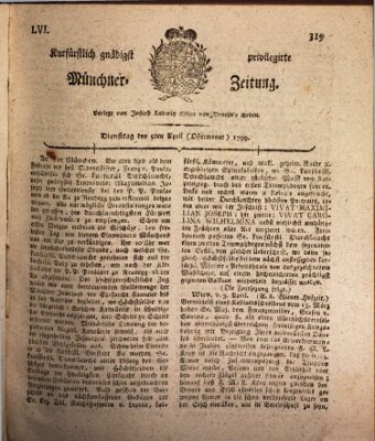 Kurfürstlich gnädigst privilegirte Münchner-Zeitung (Süddeutsche Presse) Dienstag 9. April 1799