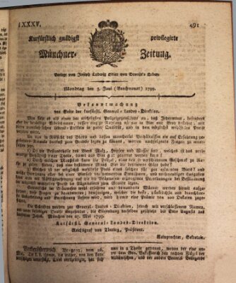 Kurfürstlich gnädigst privilegirte Münchner-Zeitung (Süddeutsche Presse) Montag 3. Juni 1799