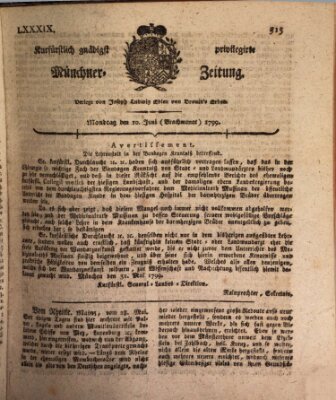 Kurfürstlich gnädigst privilegirte Münchner-Zeitung (Süddeutsche Presse) Montag 10. Juni 1799