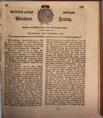 Kurfürstlich gnädigst privilegirte Münchner-Zeitung (Süddeutsche Presse) Montag 1. Juli 1799