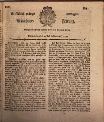 Kurfürstlich gnädigst privilegirte Münchner-Zeitung (Süddeutsche Presse) Donnerstag 4. Juli 1799