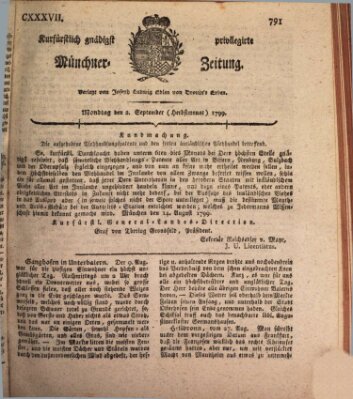 Kurfürstlich gnädigst privilegirte Münchner-Zeitung (Süddeutsche Presse) Montag 2. September 1799