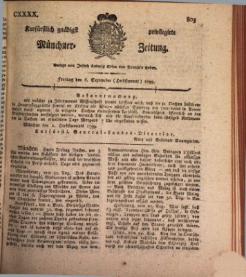 Kurfürstlich gnädigst privilegirte Münchner-Zeitung (Süddeutsche Presse) Freitag 6. September 1799