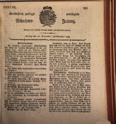 Kurfürstlich gnädigst privilegirte Münchner-Zeitung (Süddeutsche Presse) Freitag 20. September 1799