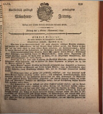 Kurfürstlich gnädigst privilegirte Münchner-Zeitung (Süddeutsche Presse) Freitag 4. Oktober 1799