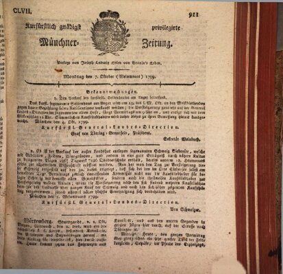 Kurfürstlich gnädigst privilegirte Münchner-Zeitung (Süddeutsche Presse) Montag 7. Oktober 1799