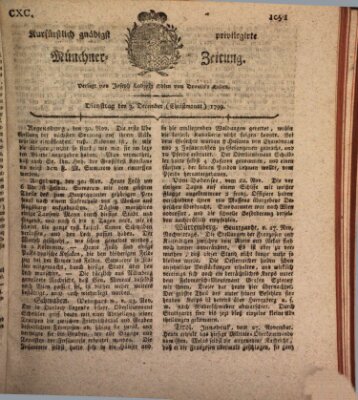 Kurfürstlich gnädigst privilegirte Münchner-Zeitung (Süddeutsche Presse) Dienstag 3. Dezember 1799