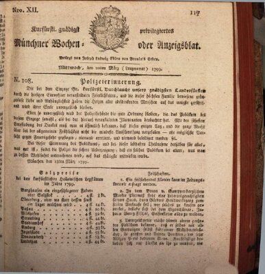 Kurfürstlich gnädigst privilegirte Münchner-Zeitung (Süddeutsche Presse) Mittwoch 20. März 1799