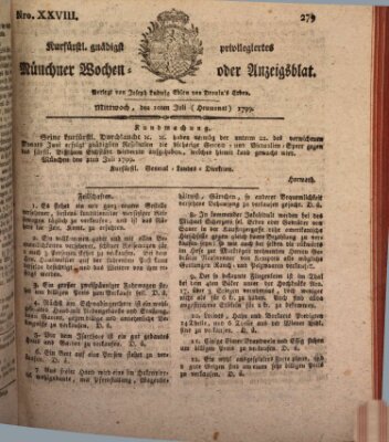 Kurfürstlich gnädigst privilegirte Münchner-Zeitung (Süddeutsche Presse) Mittwoch 10. Juli 1799