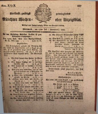 Kurfürstlich gnädigst privilegirte Münchner-Zeitung (Süddeutsche Presse) Mittwoch 17. Juli 1799