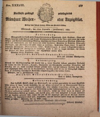 Kurfürstlich gnädigst privilegirte Münchner-Zeitung (Süddeutsche Presse) Mittwoch 18. September 1799