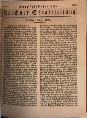 Kurpfalzbaierische Münchner Staats-Zeitung (Süddeutsche Presse) Dienstag 20. April 1802