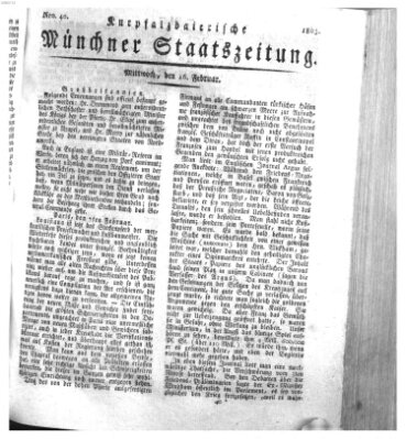 Kurpfalzbaierische Münchner Staats-Zeitung (Süddeutsche Presse) Mittwoch 16. Februar 1803