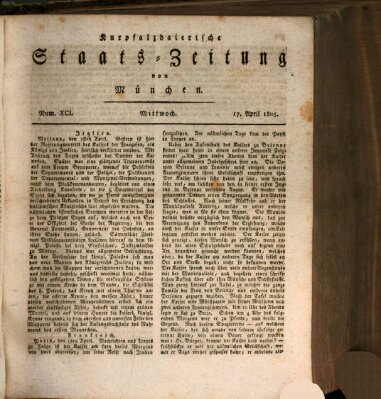 Kurpfalzbaierische Staatszeitung von München (Süddeutsche Presse) Mittwoch 17. April 1805