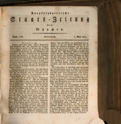 Kurpfalzbaierische Staatszeitung von München (Süddeutsche Presse) Mittwoch 1. Mai 1805