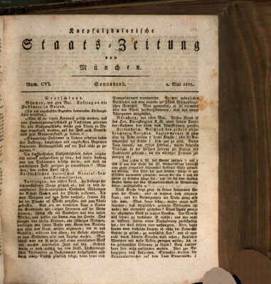 Kurpfalzbaierische Staatszeitung von München (Süddeutsche Presse) Samstag 4. Mai 1805