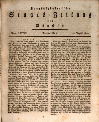 Kurpfalzbaierische Staatszeitung von München (Süddeutsche Presse) Donnerstag 22. August 1805