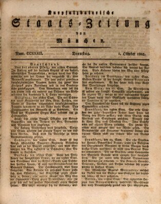 Kurpfalzbaierische Staatszeitung von München (Süddeutsche Presse) Dienstag 1. Oktober 1805