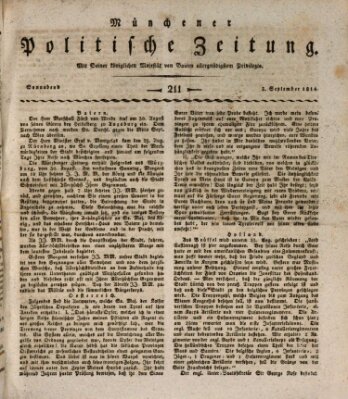 Münchener politische Zeitung (Süddeutsche Presse) Samstag 3. September 1814