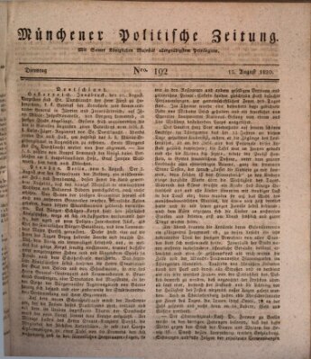 Münchener politische Zeitung (Süddeutsche Presse) Dienstag 15. August 1820