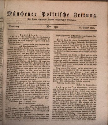 Münchener politische Zeitung (Süddeutsche Presse) Donnerstag 17. August 1820