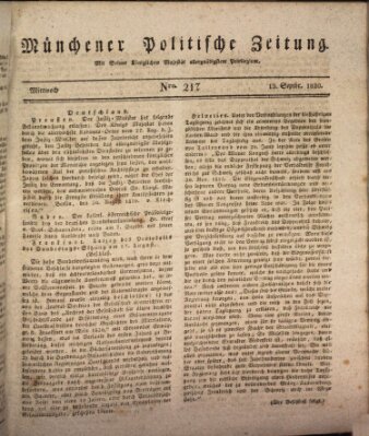 Münchener politische Zeitung (Süddeutsche Presse) Mittwoch 13. September 1820