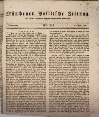 Münchener politische Zeitung (Süddeutsche Presse) Donnerstag 21. Dezember 1820