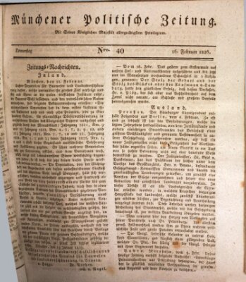 Münchener politische Zeitung (Süddeutsche Presse) Donnerstag 16. Februar 1826