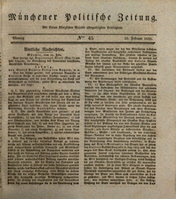 Münchener politische Zeitung (Süddeutsche Presse) Montag 22. Februar 1830