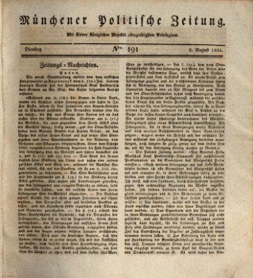 Münchener politische Zeitung (Süddeutsche Presse) Dienstag 2. August 1831