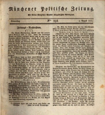 Münchener politische Zeitung (Süddeutsche Presse) Donnerstag 4. August 1831