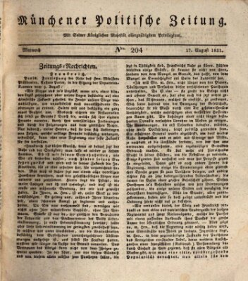 Münchener politische Zeitung (Süddeutsche Presse) Mittwoch 17. August 1831