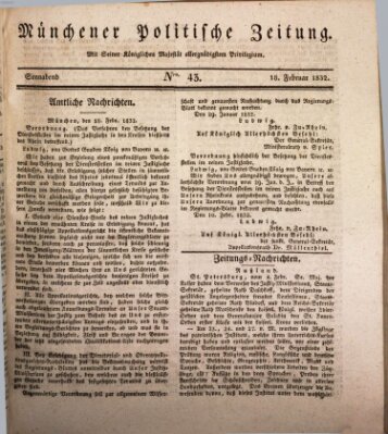 Münchener politische Zeitung (Süddeutsche Presse) Samstag 18. Februar 1832