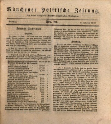 Münchener politische Zeitung (Süddeutsche Presse) Dienstag 2. Oktober 1832