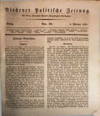 Münchener politische Zeitung (Süddeutsche Presse) Montag 4. Februar 1833