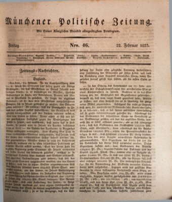 Münchener politische Zeitung (Süddeutsche Presse) Freitag 22. Februar 1833