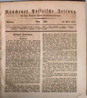 Münchener politische Zeitung (Süddeutsche Presse) Montag 29. April 1833