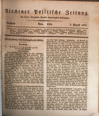 Münchener politische Zeitung (Süddeutsche Presse) Samstag 3. August 1833