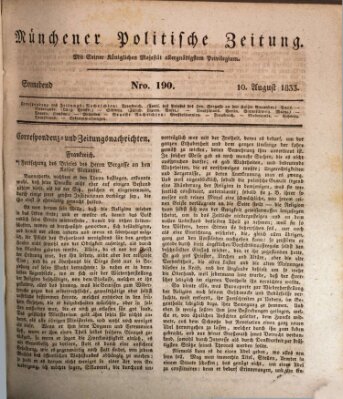 Münchener politische Zeitung (Süddeutsche Presse) Samstag 10. August 1833