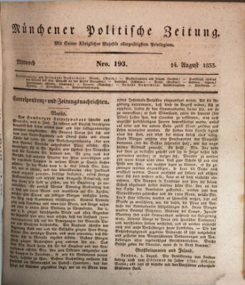 Münchener politische Zeitung (Süddeutsche Presse) Mittwoch 14. August 1833