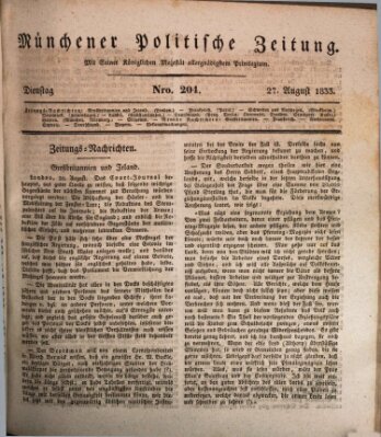 Münchener politische Zeitung (Süddeutsche Presse) Dienstag 27. August 1833