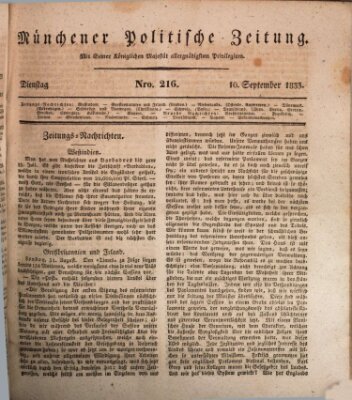 Münchener politische Zeitung (Süddeutsche Presse) Dienstag 10. September 1833